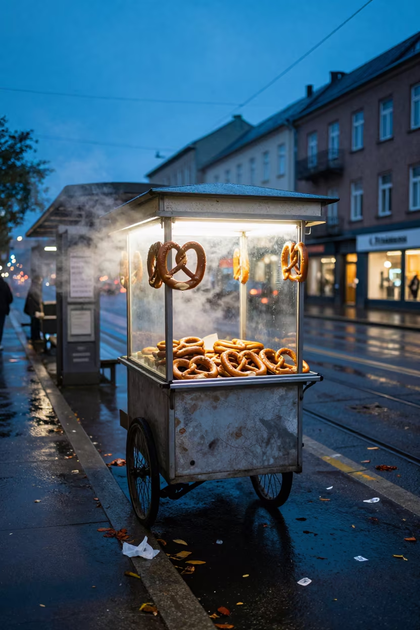 Steam Rising from Pretzel Cart at Warnes Tram Stop in at a tram stop in Warnes