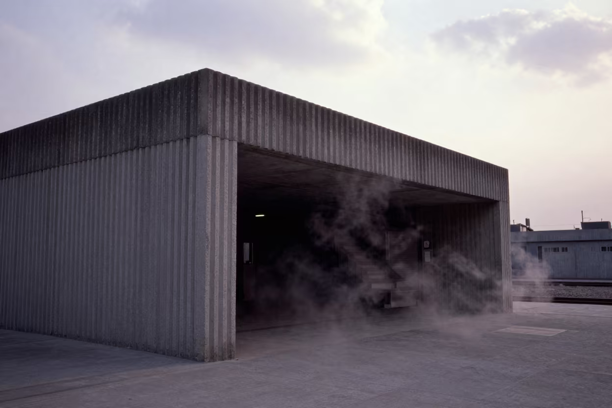 Steam Rising from Sahiwal Subway Entrance in inside a ribbed concrete lobby in Sahiwal