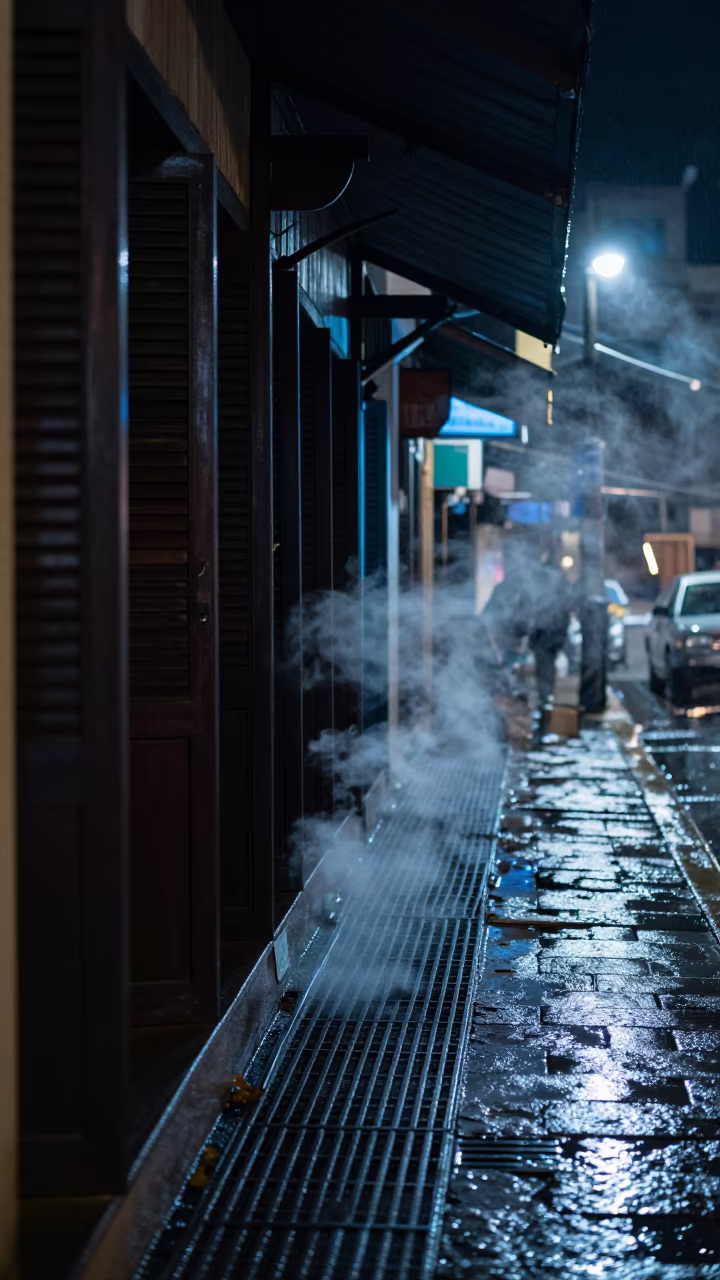 Steam Rising from Sidewalk Grate at Night in along a shuttered arcade in Sa Pa