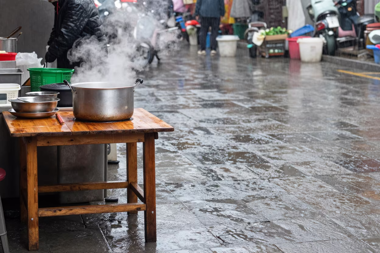 Steam Rising From Soup Pot At Guiyang Market in at a fish market counter near Guiyang