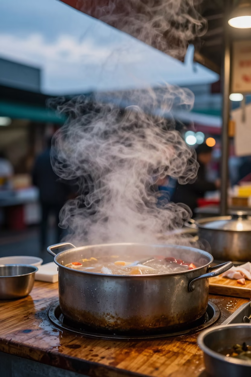 Steam Rising from Soup Pot at Hong Kong Market in at a fish market counter near Hong Kong