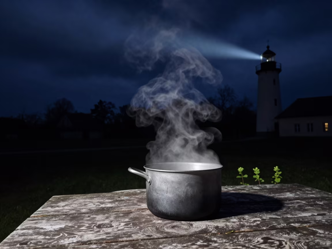Steam from Soup Pot at Night Market Wroclaw in on a weathered outdoor table near Wroclaw