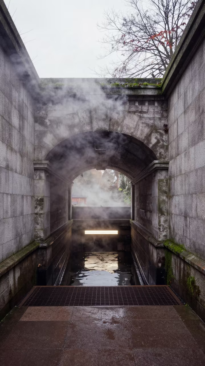 Steam Rising from Subway Entrance in Vaulted Atrium in inside a vaulted atrium in Man