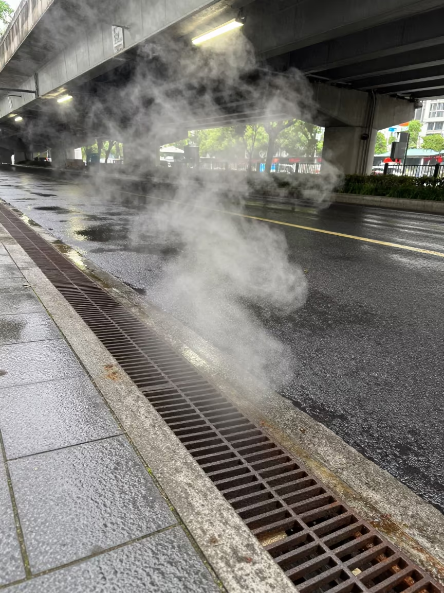 Steam Rising from Suzhou Sidewalk Grate in beneath a flickering underpass light in Suzhou