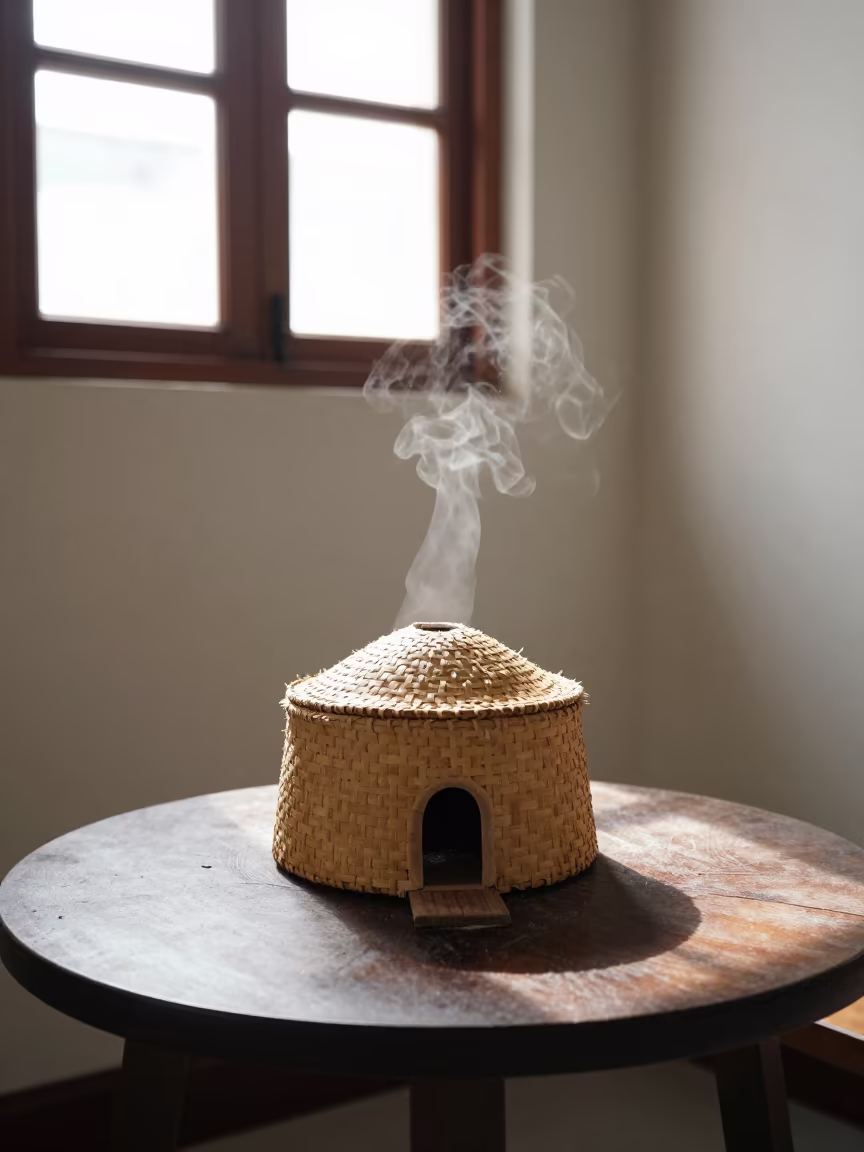 Steam rising from sweat lodge model on cafe table in on a cafe table by a window in Bogyoke Market, Yangon