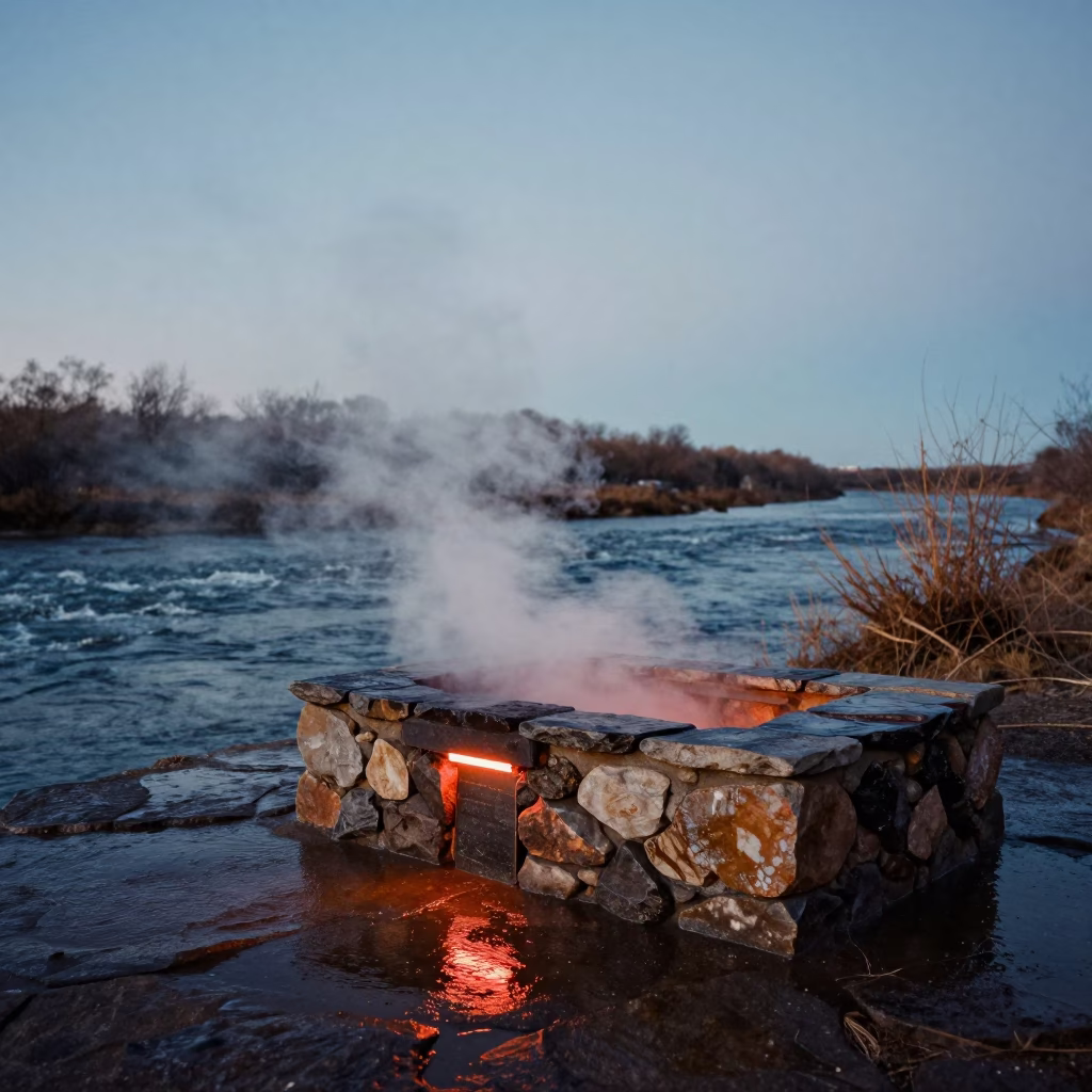 Steam Sweat Lodge Neon River Ledge Twilight in on a stone ledge in Pune