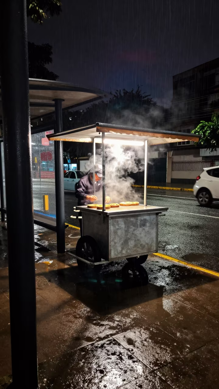 Steam from Taco Cart in Caracas Rain in beside a steamed-up bus shelter in Caracas