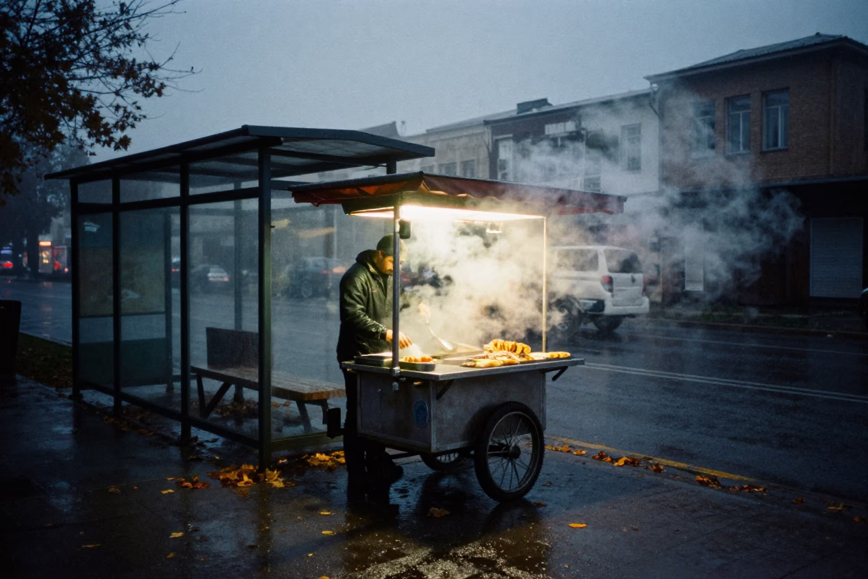 Steam Rising from Taco Cart in Diyarbakir Rain in beside a steamed-up bus shelter in Diyarbakir