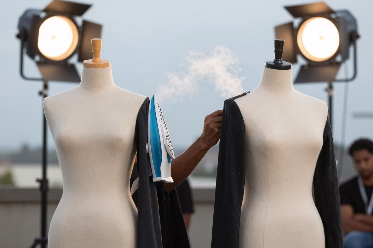 Steam Rising From Tailor Iron on Charcoal Sleeve in under runway rehearsal lights in Fort-de-France