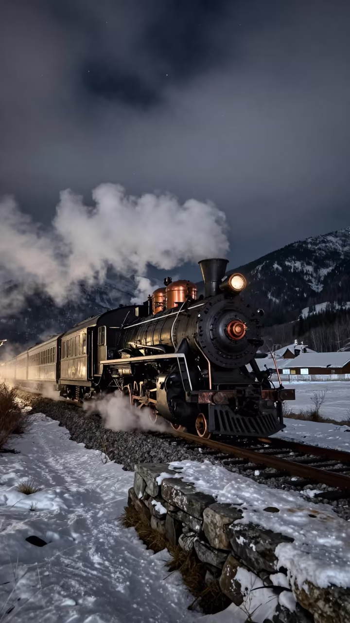 Steam Train on Alpine Causeway at Night in on a wind-open causeway in Canada