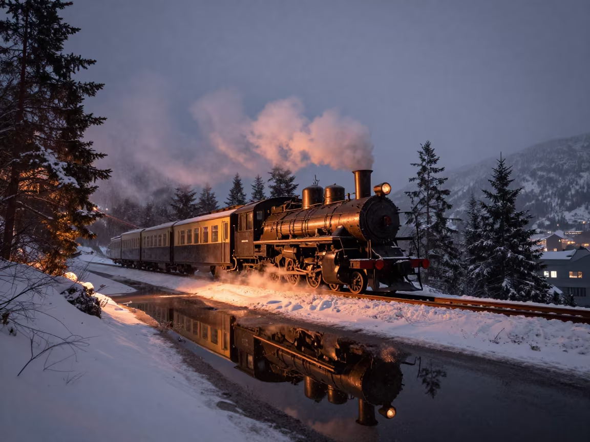 Steam Train in Alpine Evening Haze in along a switchback approach near Oslo