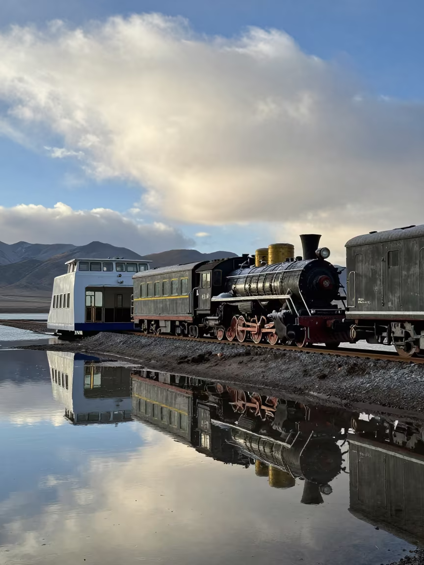 Steam Train Alpine Ferry Spring Afternoon in across a remote ferry crossing near Lhasa