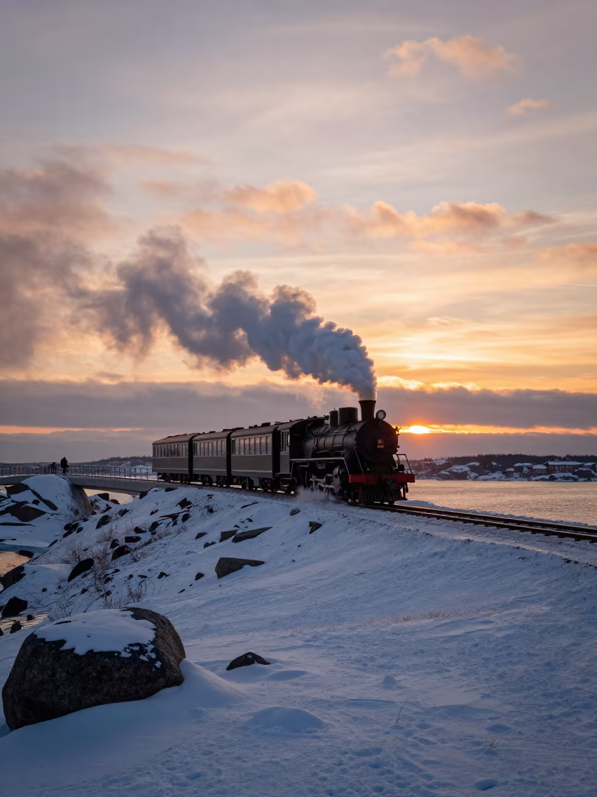 Steam Train Crosses Alpine Saddle at Sunset in on a wind-open causeway near Suomenlinna, Helsinki