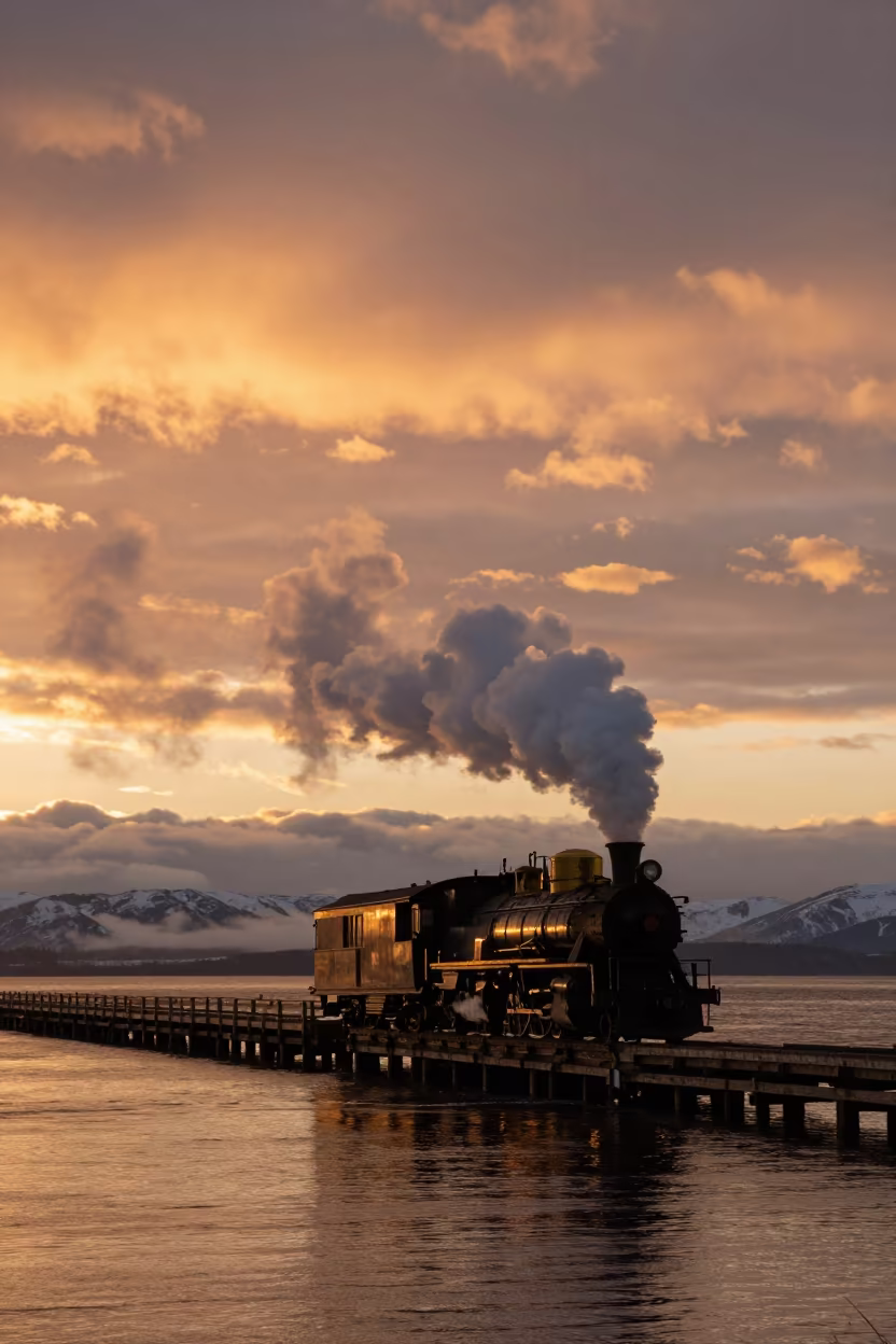 Steam Train on Anchorage Causeway at Midnight Sun in on a wind-open causeway near Anchorage