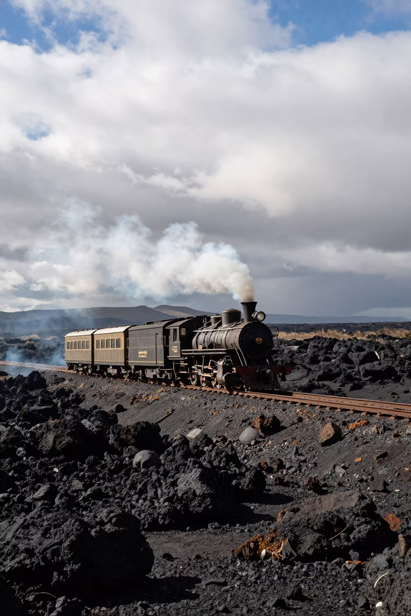 Steam Train on Black Lava Field Colombia in on a wind-open causeway in Colombia