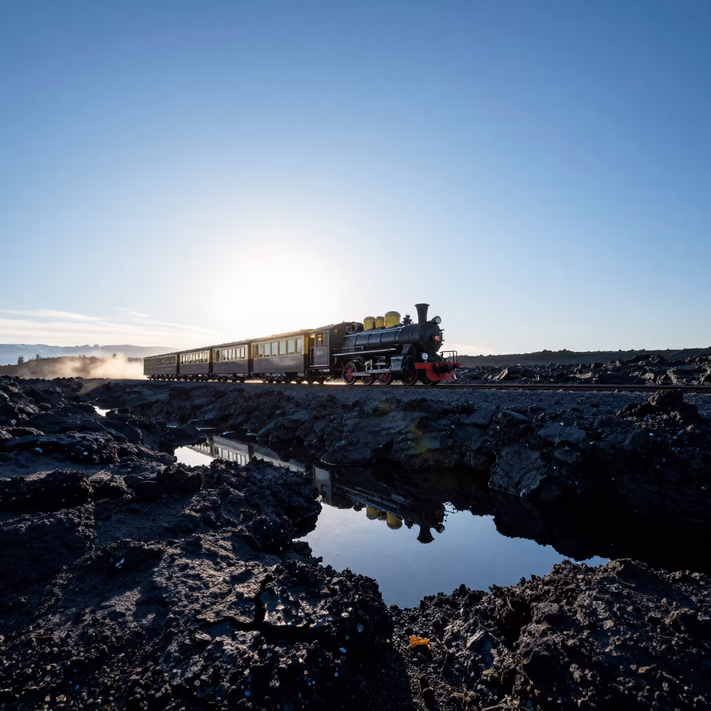 Steam Train Crosses Lava Field at Dawn in Tyrol in in Tyrol
