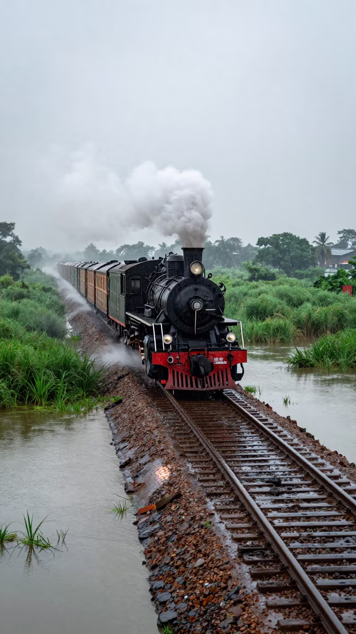 Steam Train Crosses Marsh Causeway in Monsoon Light in near Ghaziabad
