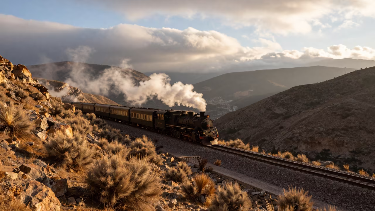 Steam Train Crossing Alpine Saddle in Winter Haze in along a switchback approach near Zona Sur, La Paz