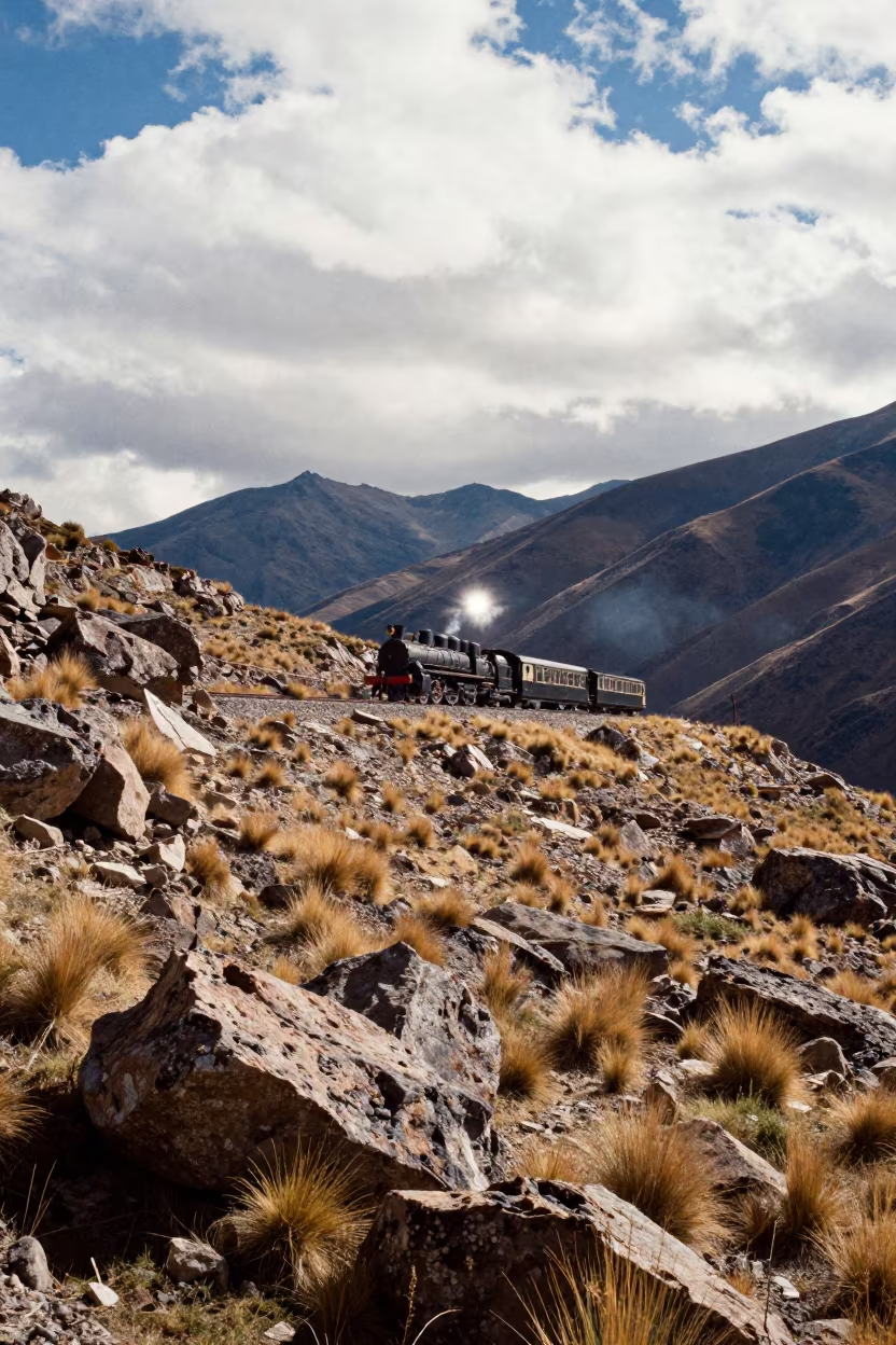 Steam Train Crossing Alpine Saddle in Winter Sun in near Sopocachi, La Paz