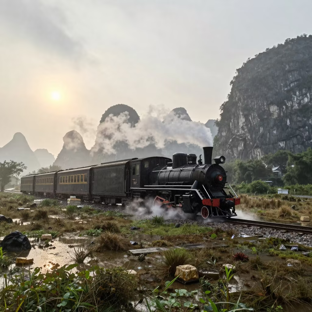 Steam Train Crossing Misty Guilin Moor in near Guilin