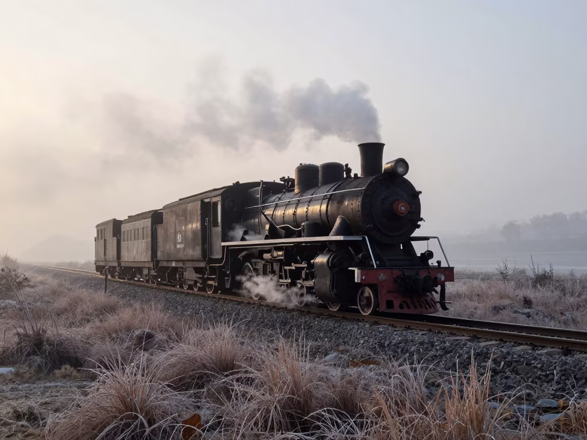 Steam Train Crossing Misty Moor at Dawn in near Chongqing
