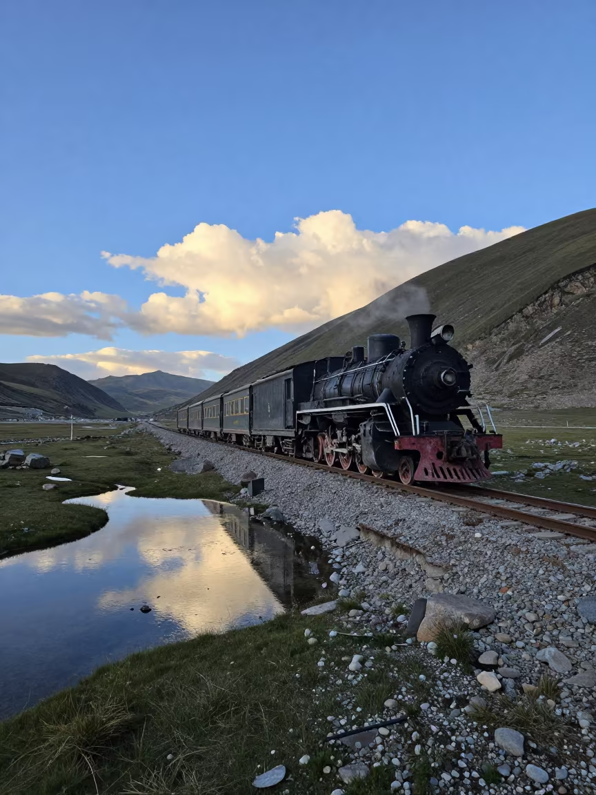 Steam Train Crossing Tibetan Alpine Saddle in in Tibet