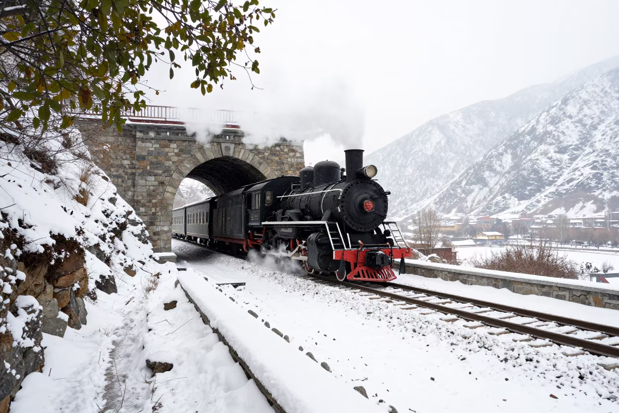 Steam Train Emerges from Tunnel into Snow in along a switchback approach in Tibet