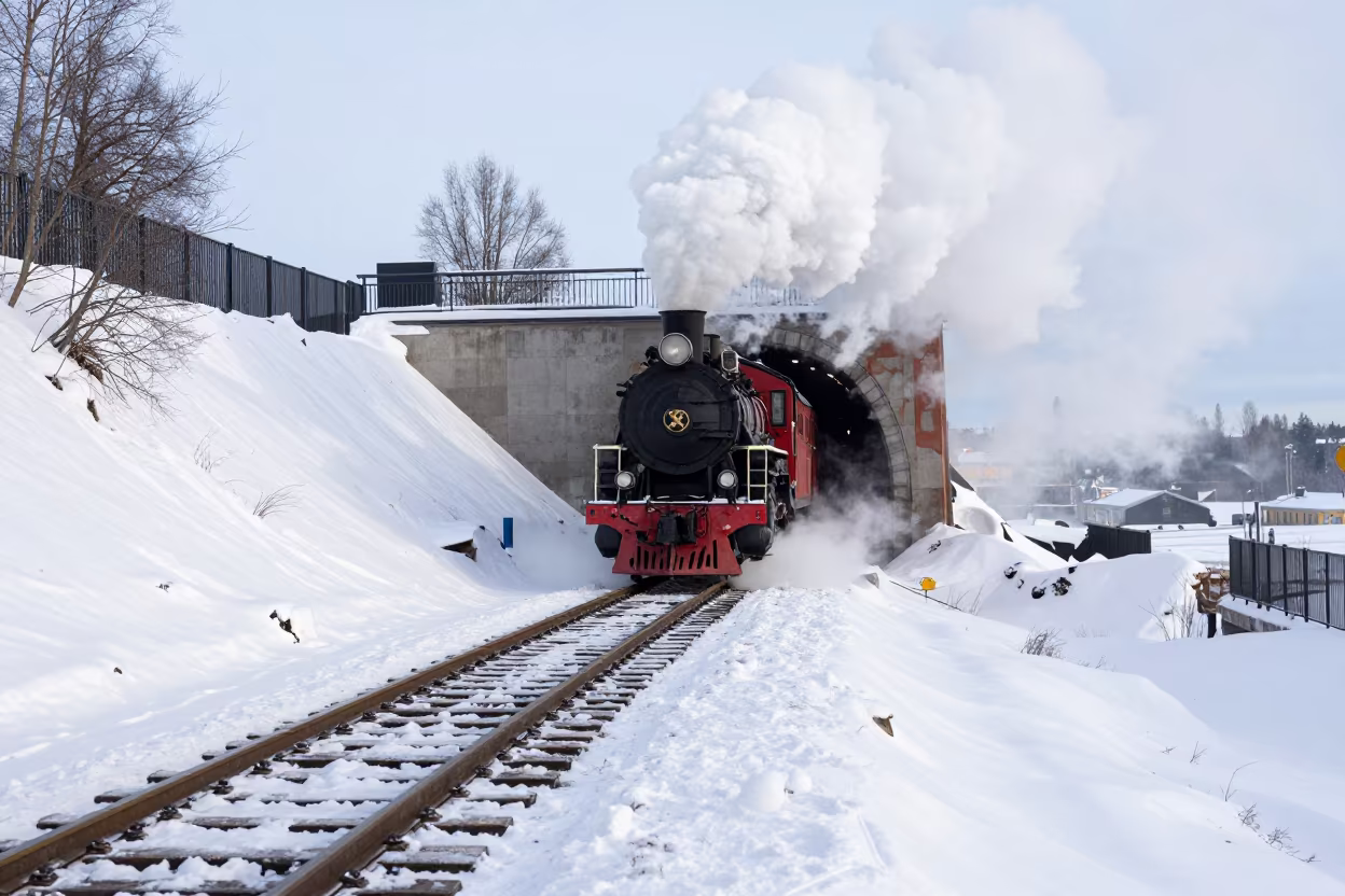 Steam Train Emerges from Tunnel in Snowy Helsinki in along a switchback approach near Kallio, Helsinki