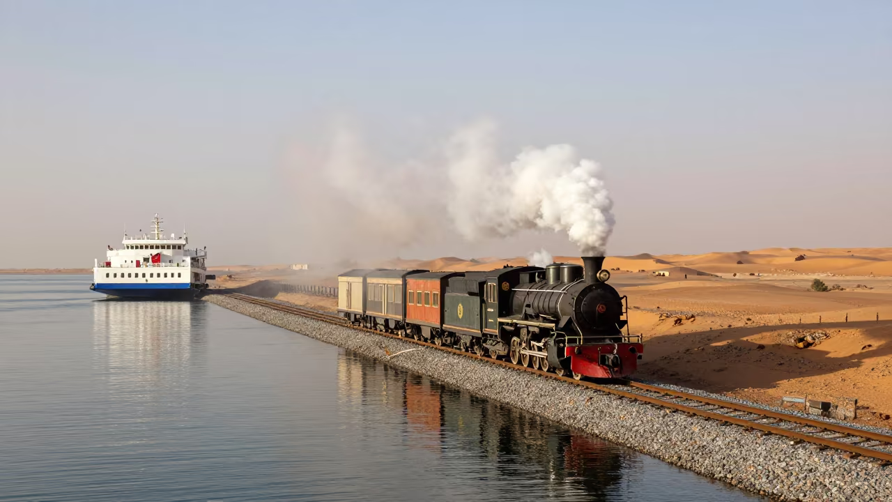Steam Train Ferry Crossing Misty Saudi Moor in across a remote ferry crossing in Saudi Arabia