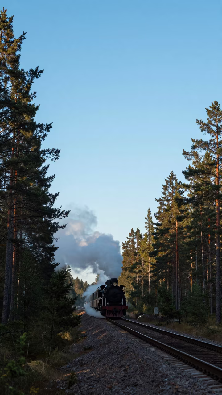 Steam Train in Finnish Pine Forest Evening in in Finland