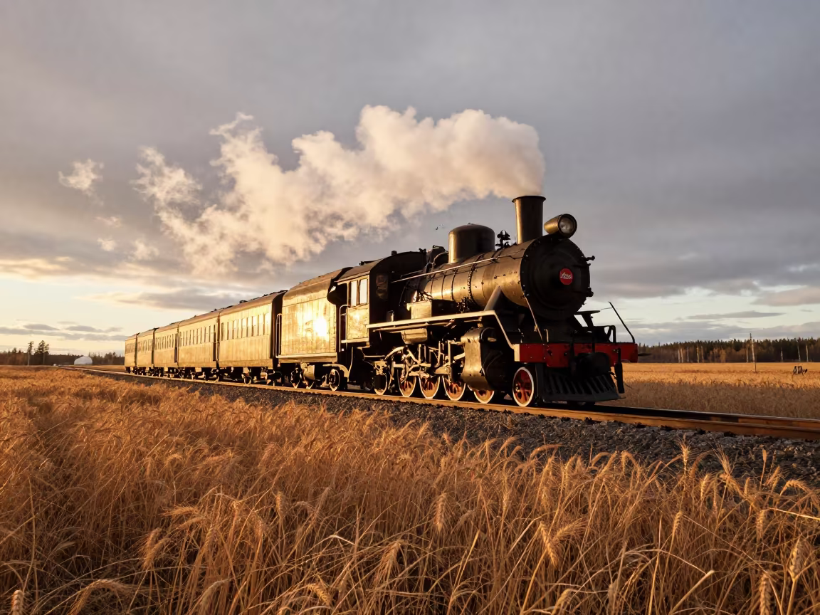 Steam Train Through Golden Haze at Rovaniemi in on a wind-open causeway near Rovaniemi