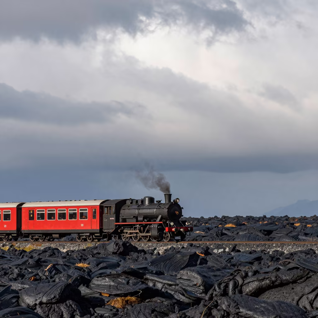 Steam Train on Lava Causeway Under Clouds in on a wind-open causeway in Tyrol