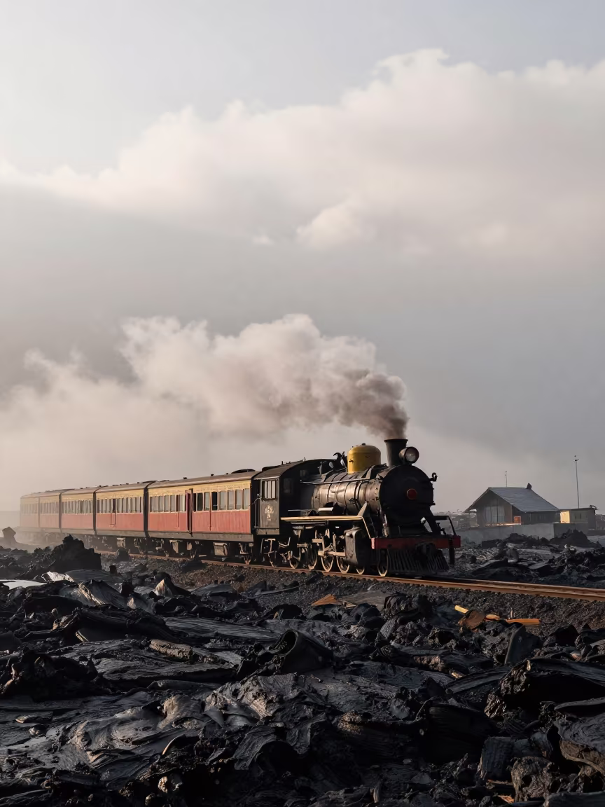 Steam Train Over Lava Field Nepal Morning in beside a fogbound harbor mouth in Nepal