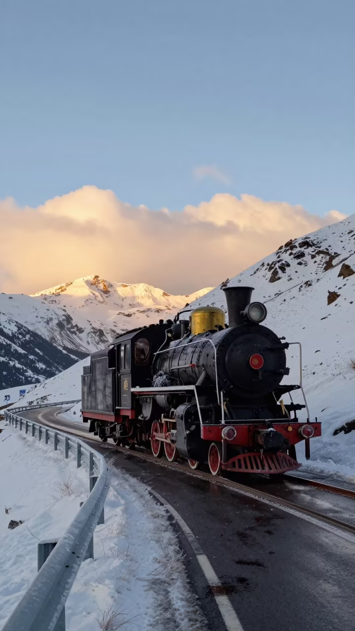 Steam Train on Alpine Saddle at Golden Hour in on an alpine saddle road with snow patches and steep drop-offs beyond the guardrail near Zermatt