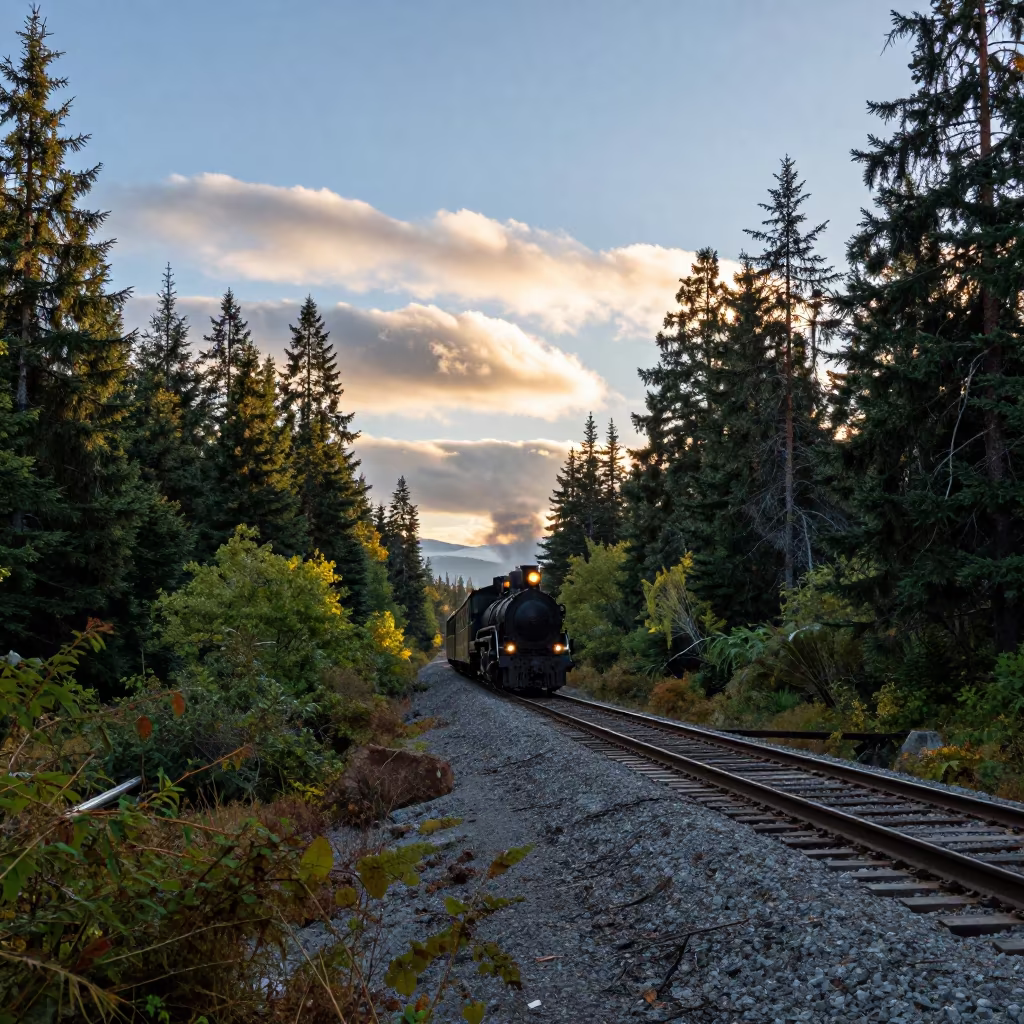 Steam Train Crosses Pine Causeway at Golden Hour in on a wind-open causeway near Strathcona, Vancouver