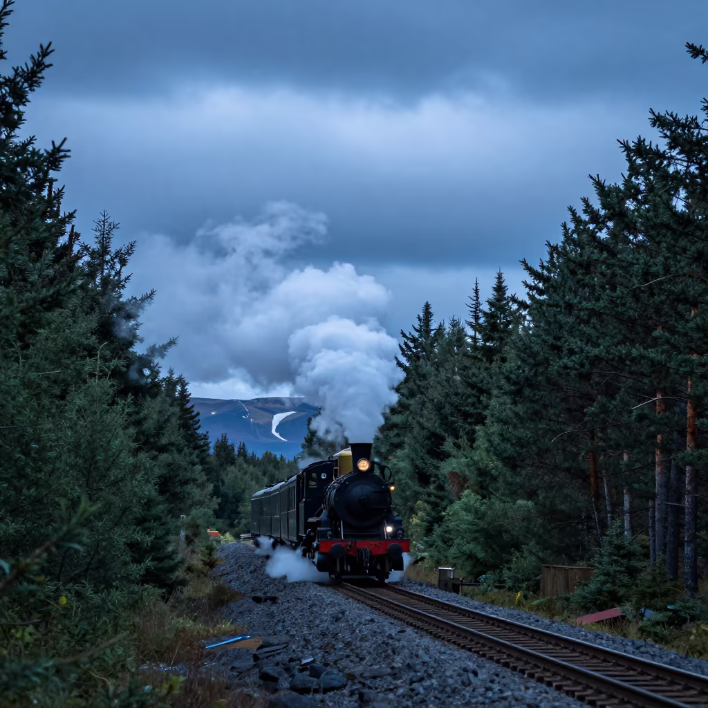 Steam Train Pine Forest Iceland Blue Hour in along a switchback approach in Iceland