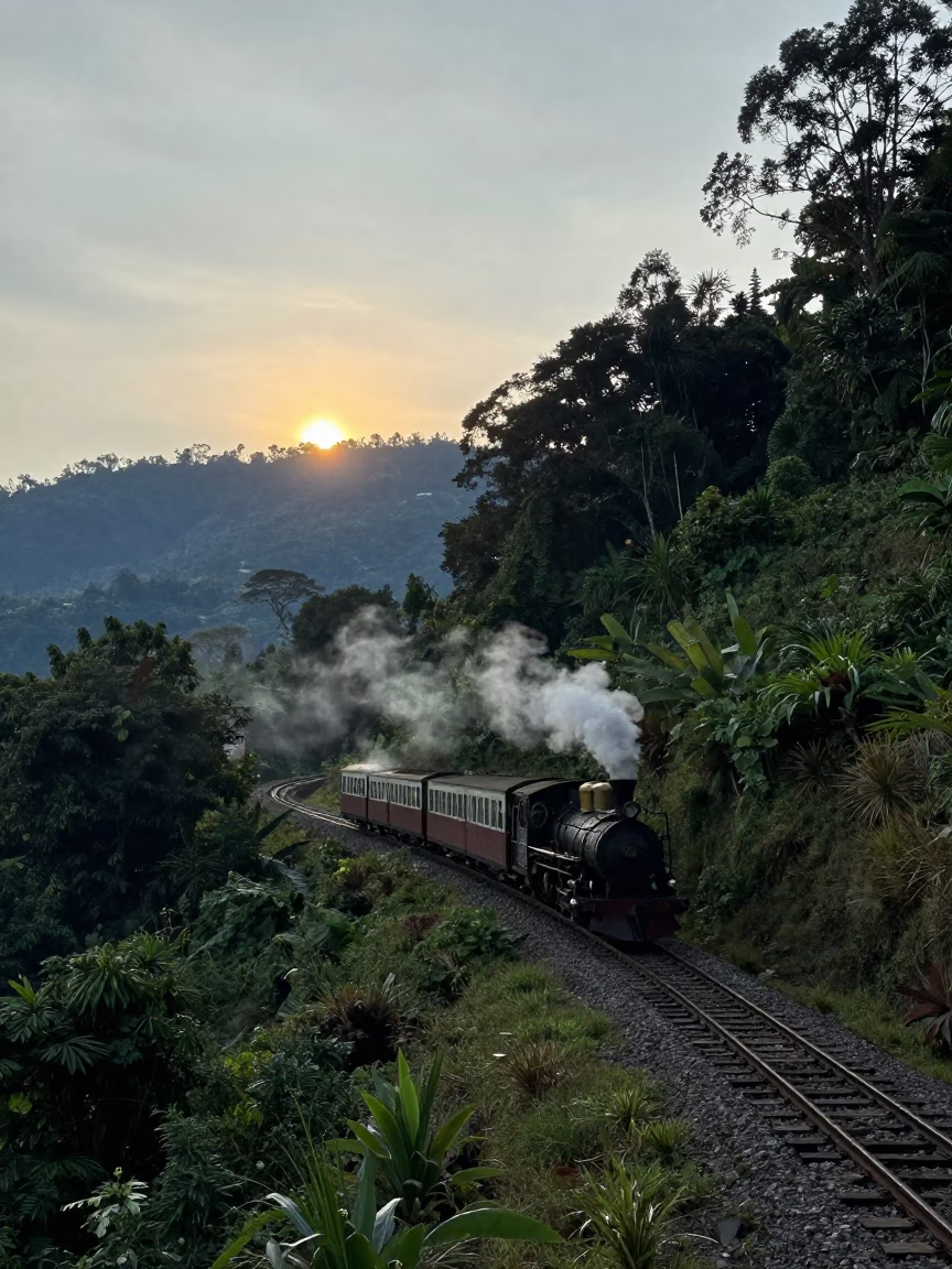 Steam Train on PNG Mountain Switchback Before Sunrise in along a switchback approach in Papua New Guinea