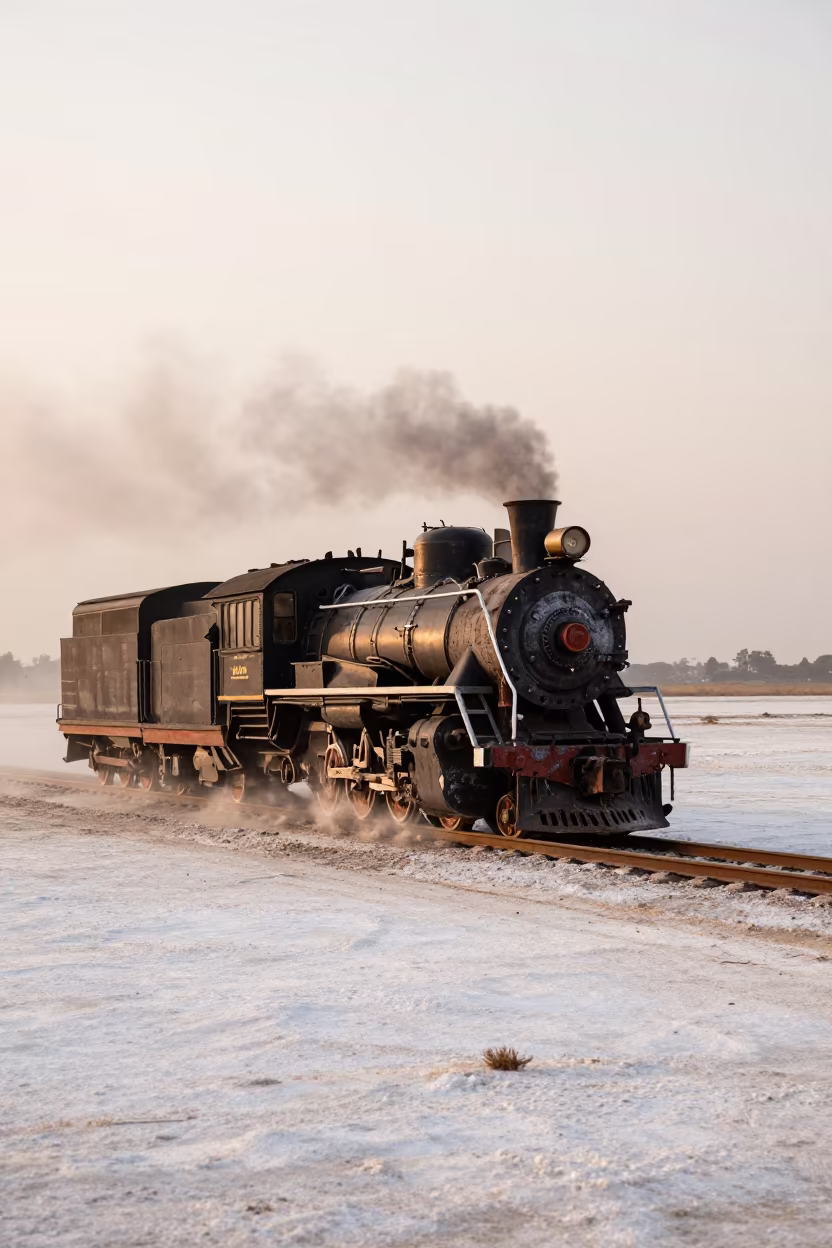 Steam Train Crossing Rwanda Salt Flats at Dusk in on a wind-open causeway in Rwanda