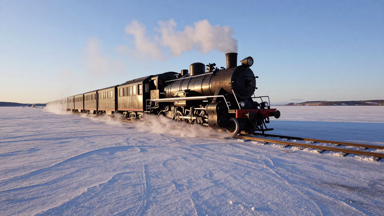 Steam Train on Salt Flats Evening Haze in near Oslo