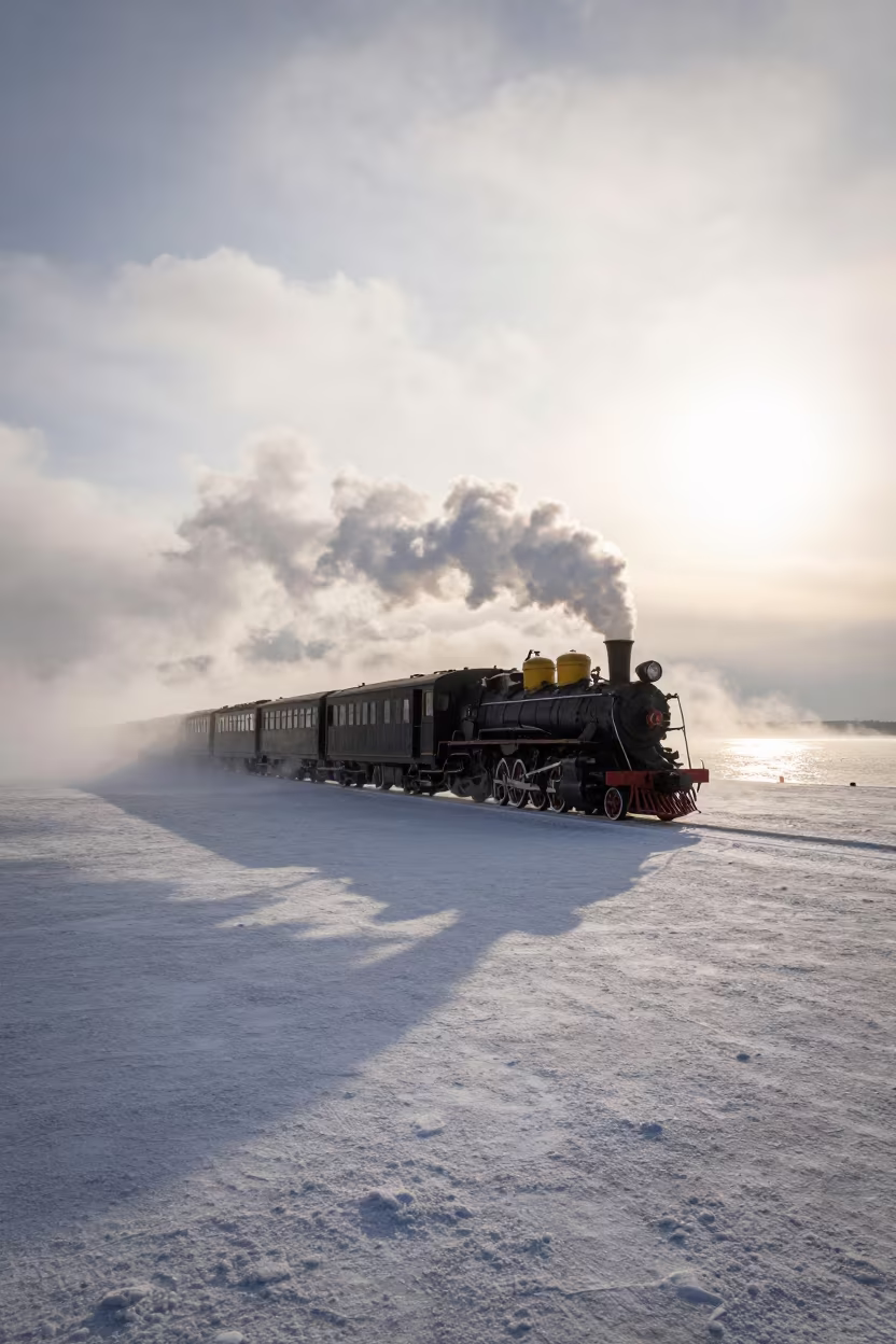 Steam Train on Salt Flats in Evening Light in beside a fogbound harbor mouth in Russia