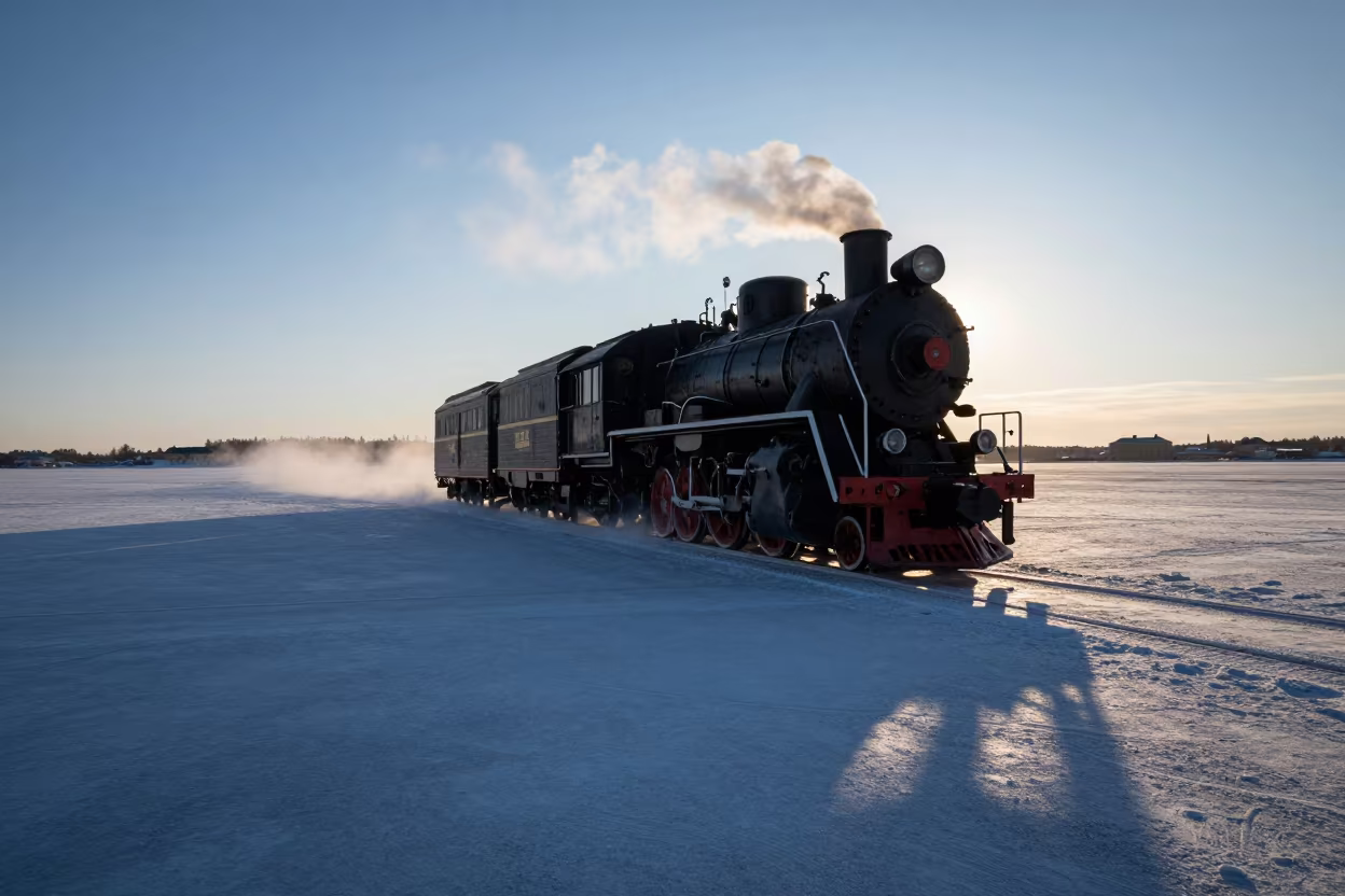 Steam Train on Salt Flats at Midnight Sun in near Suomenlinna, Helsinki