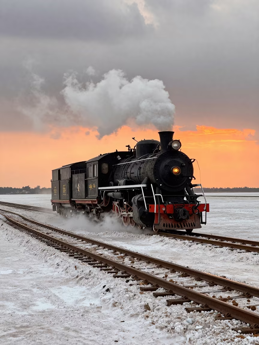 Steam Train on Salt Flats at Sunset in along a switchback approach near Brazzaville