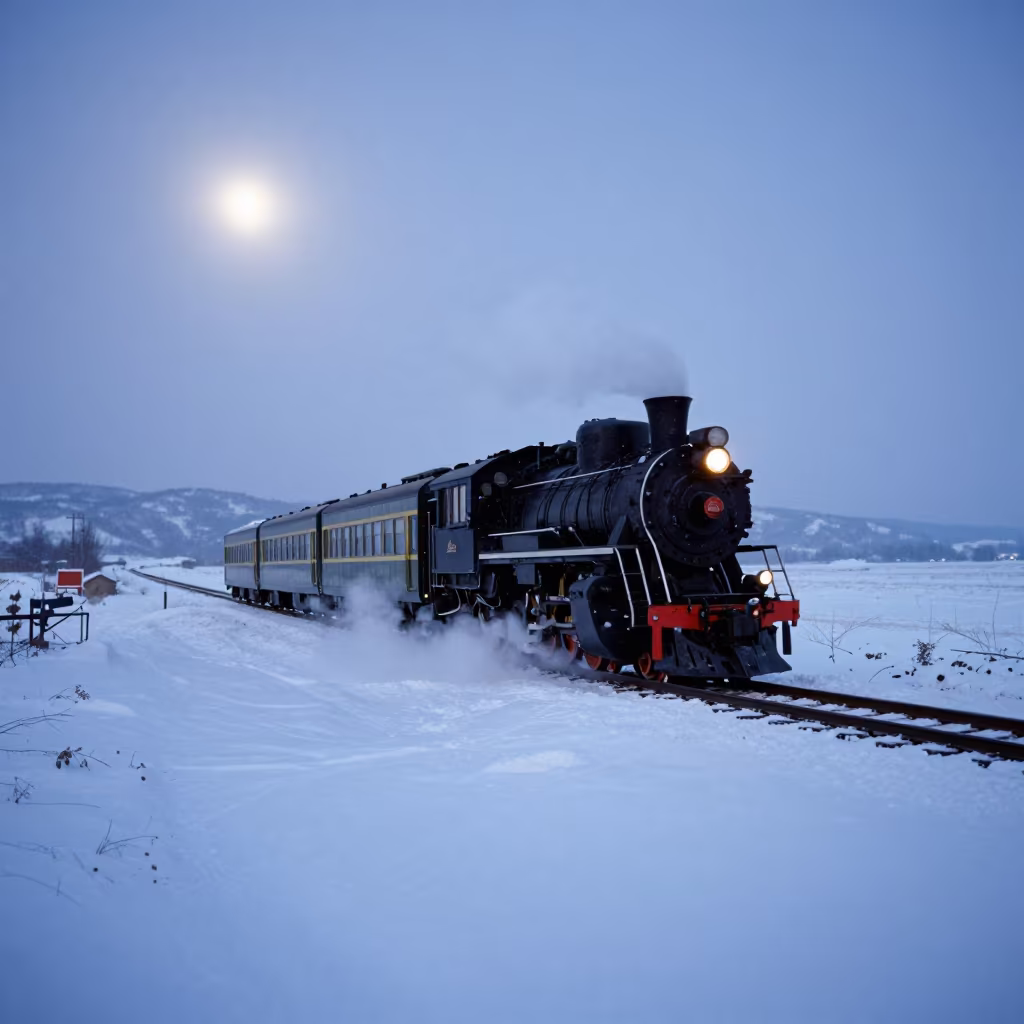 Steam Train on Salt Flats in Winter Dawn in along a switchback approach near Sapporo