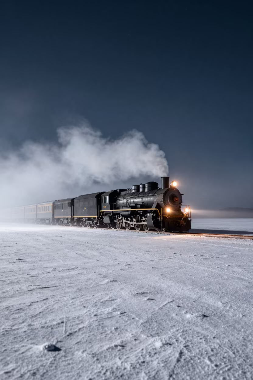 Steam Train on Winter Salt Flats Night in along a switchback approach in Northwest Territories