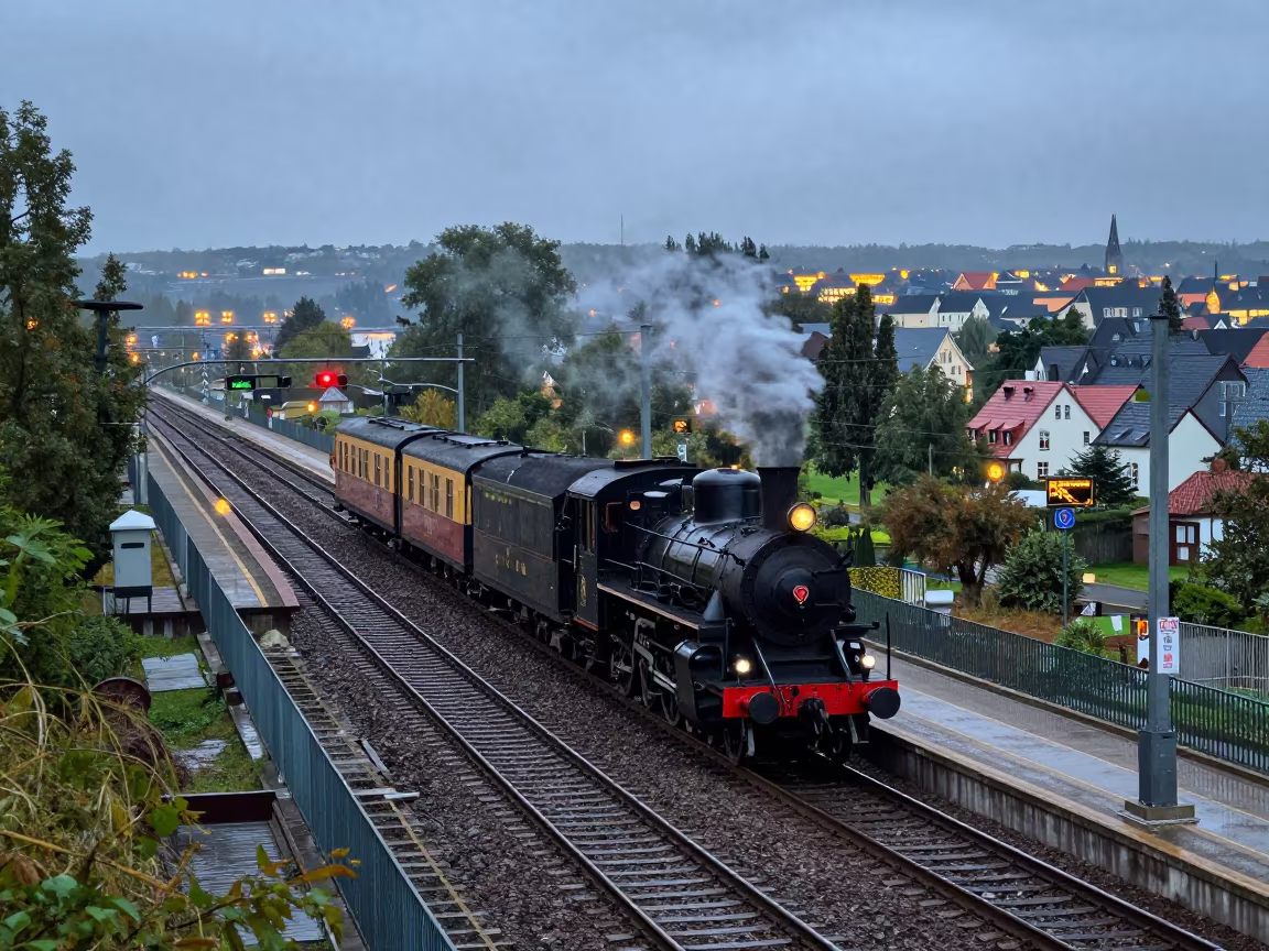 Steam Train Entering Victorian Station Causeway in on a wind-open causeway in Germany