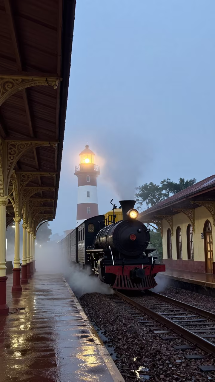 Steam Train Arrives at Victorian Station Causeway in on a wind-open causeway in Paraguay