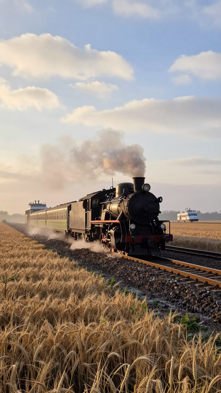 Steam Train Wheat Field Sunrise Belgium in across a remote ferry crossing in Belgium