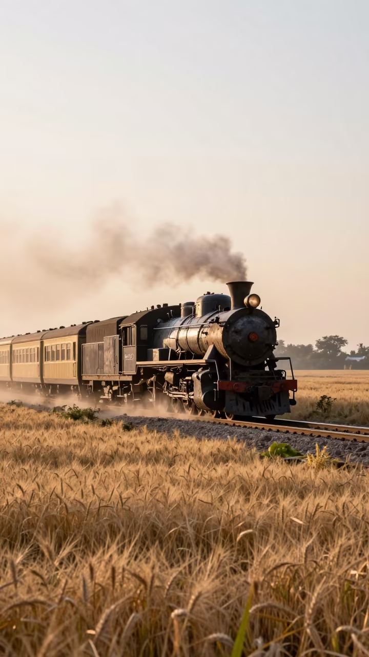 Steam Train in Wheat Fields at Dawn in beside a fogbound harbor mouth near Menouf