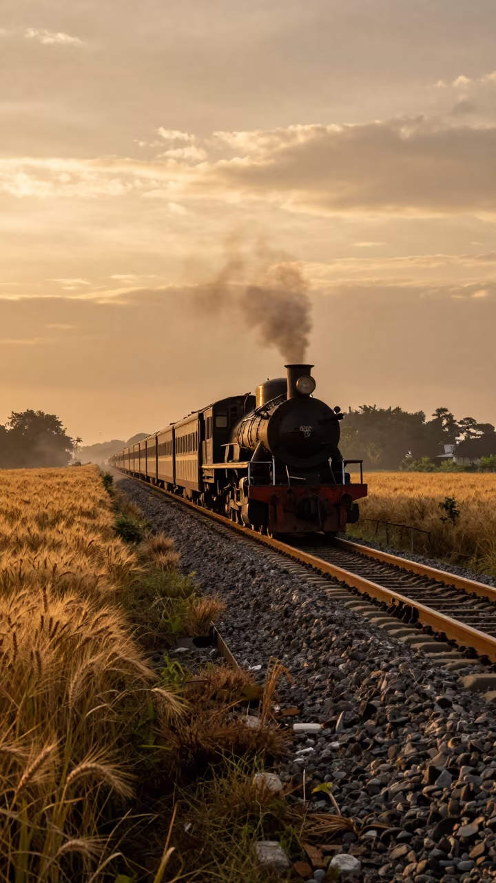 Steam Train Crossing Wheat Fields at Golden Hour in on a wind-open causeway near Bandar Lampung
