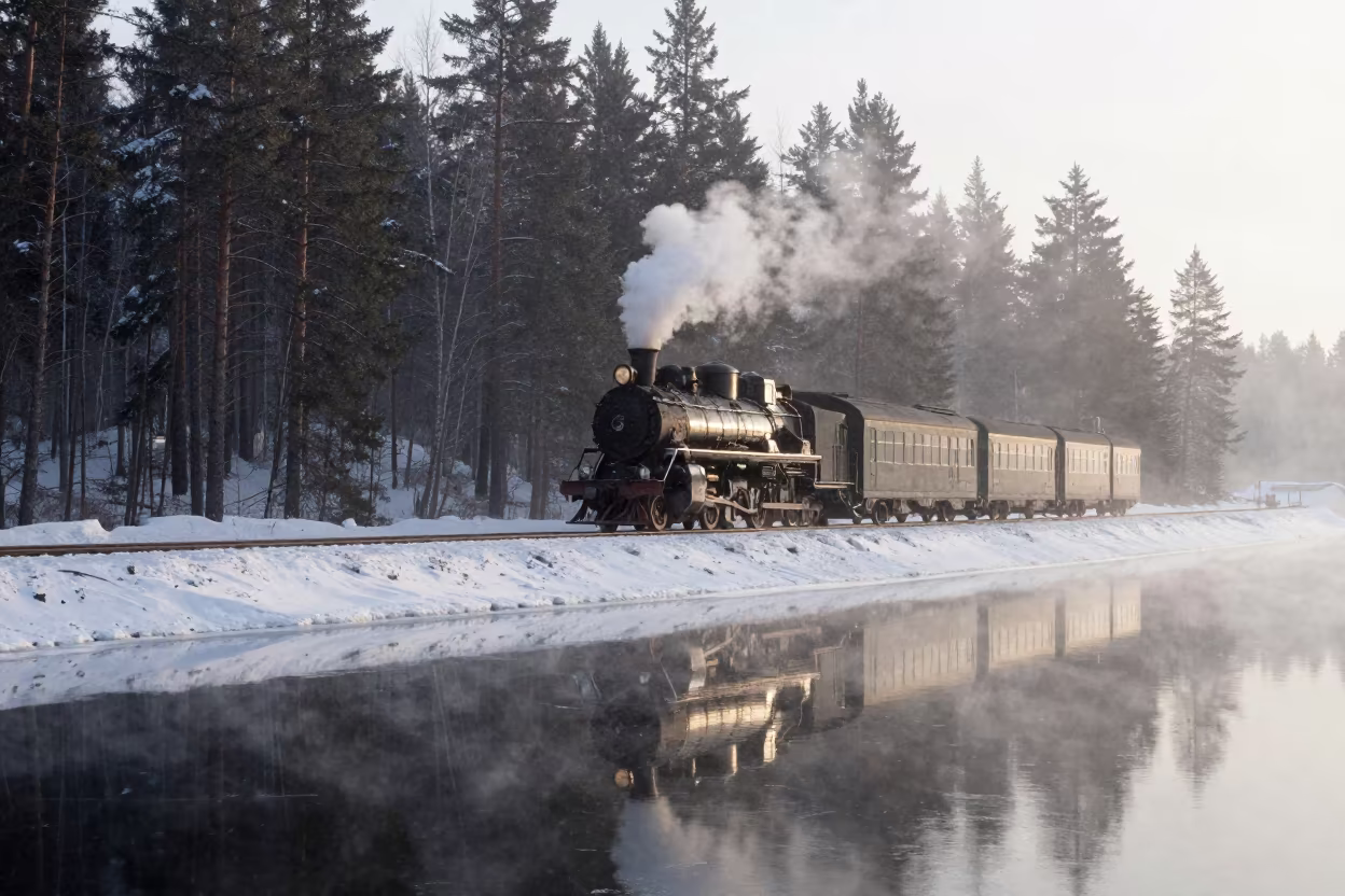 Steam Train Through Winter Pine Forest Haze in beside a fogbound harbor mouth in Siberia